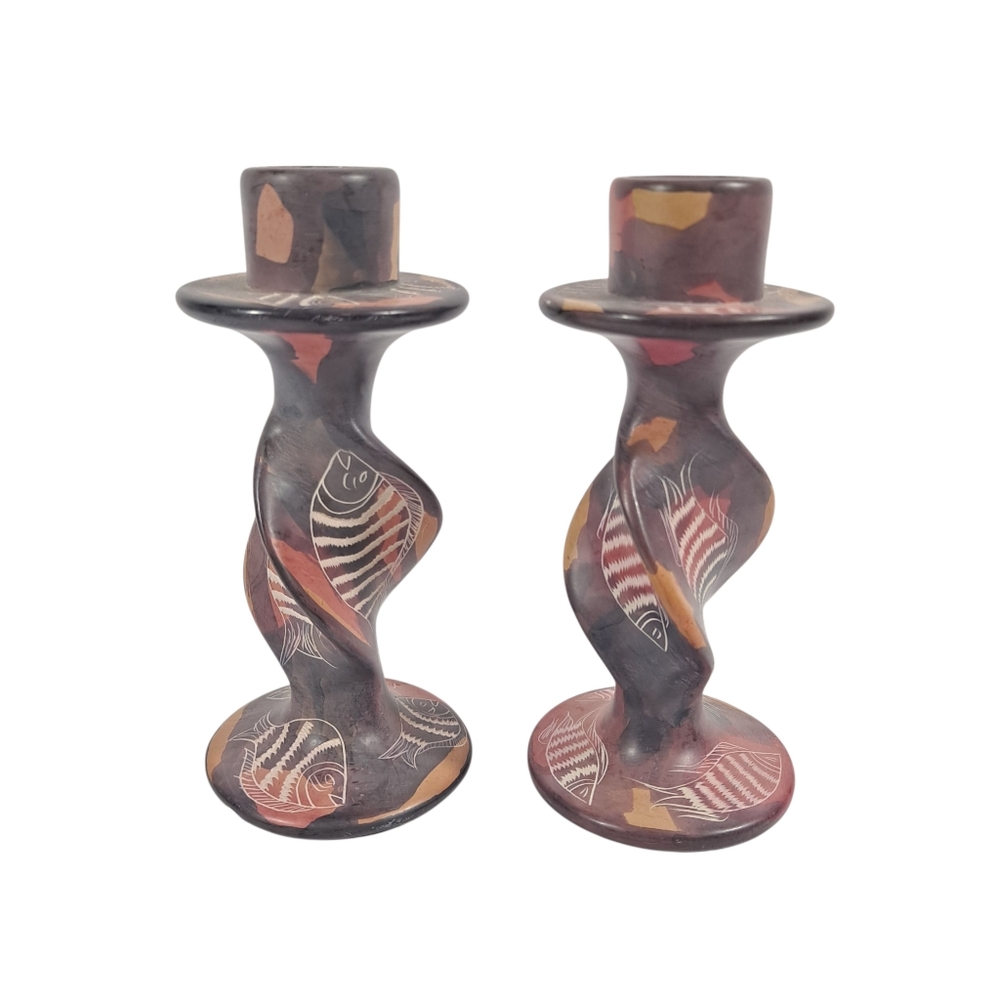 Hand Carved Kenya Soapstone Candlestick Holders Etched Fish Leaf Africa